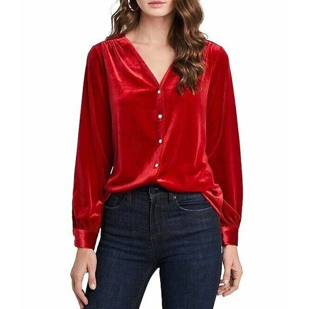 1. State Red Velvet Long Sleeve Button Front V-Neck Blouse Medium